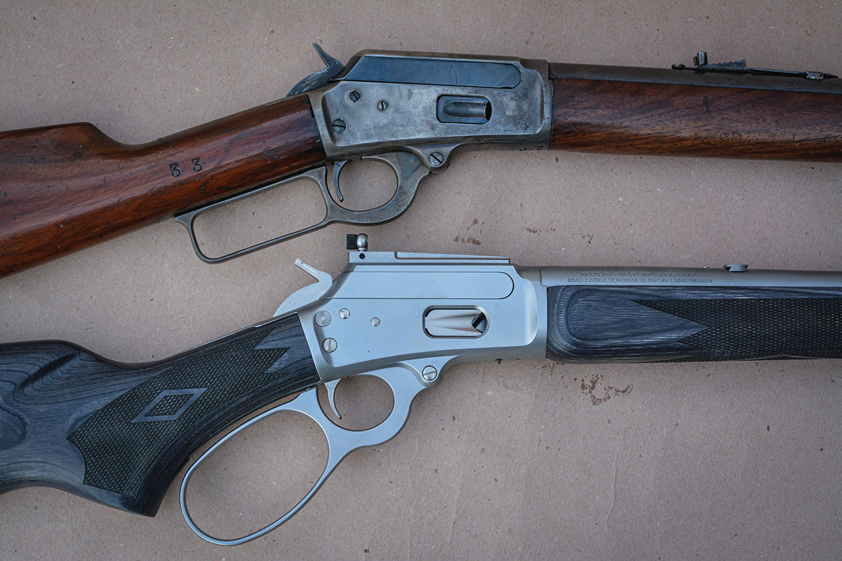 The original Marlin Model 1894 (top) chambered in 44-40 Winchester shares the same basic action design as the current Ruger Marlin Model 1894 (bottom) chambered in 357 Magnum but boasts of modern stock materials, threaded barrel, etc.